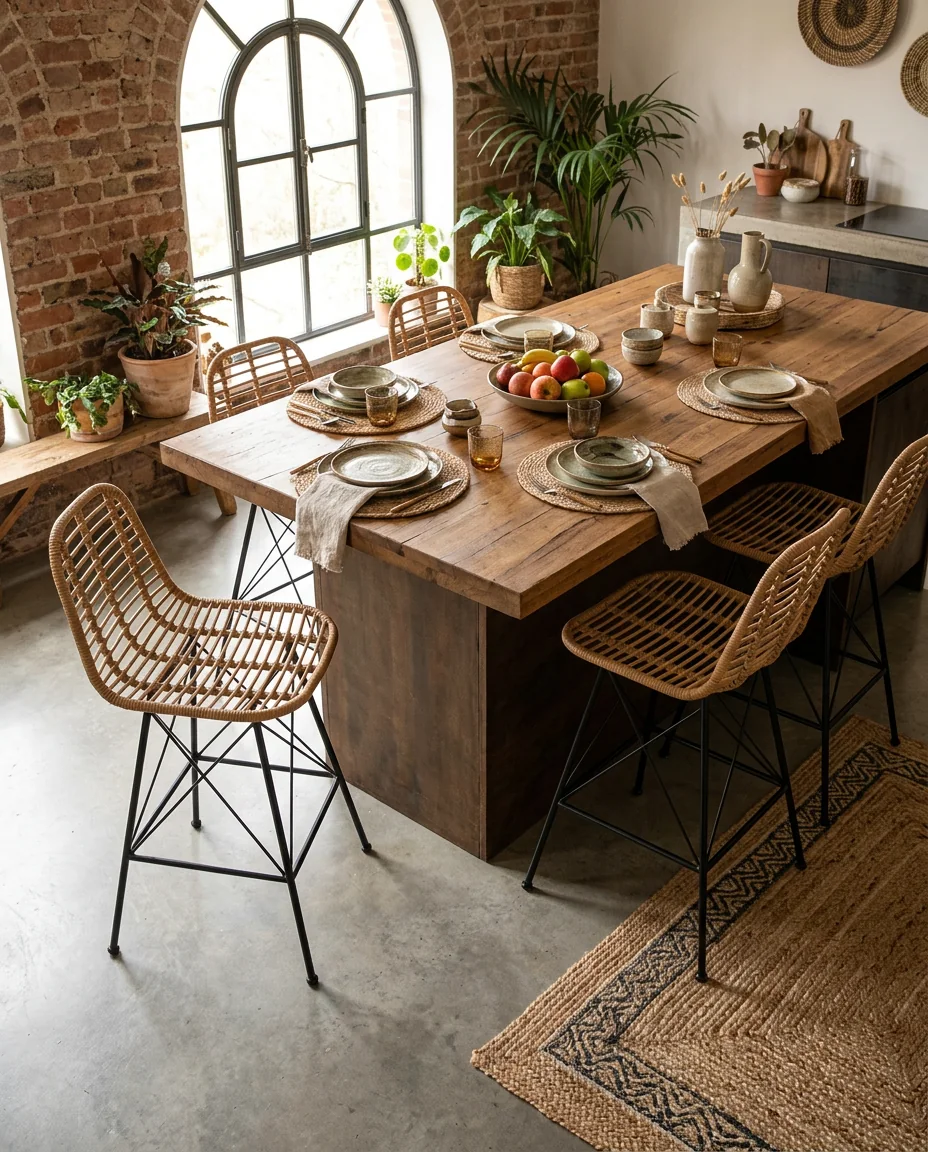 Comedor con mesa de madera y taburetes