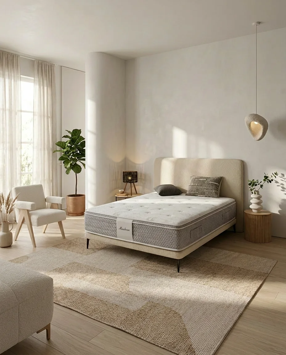 Dormitorio luminoso con colchón y sillón