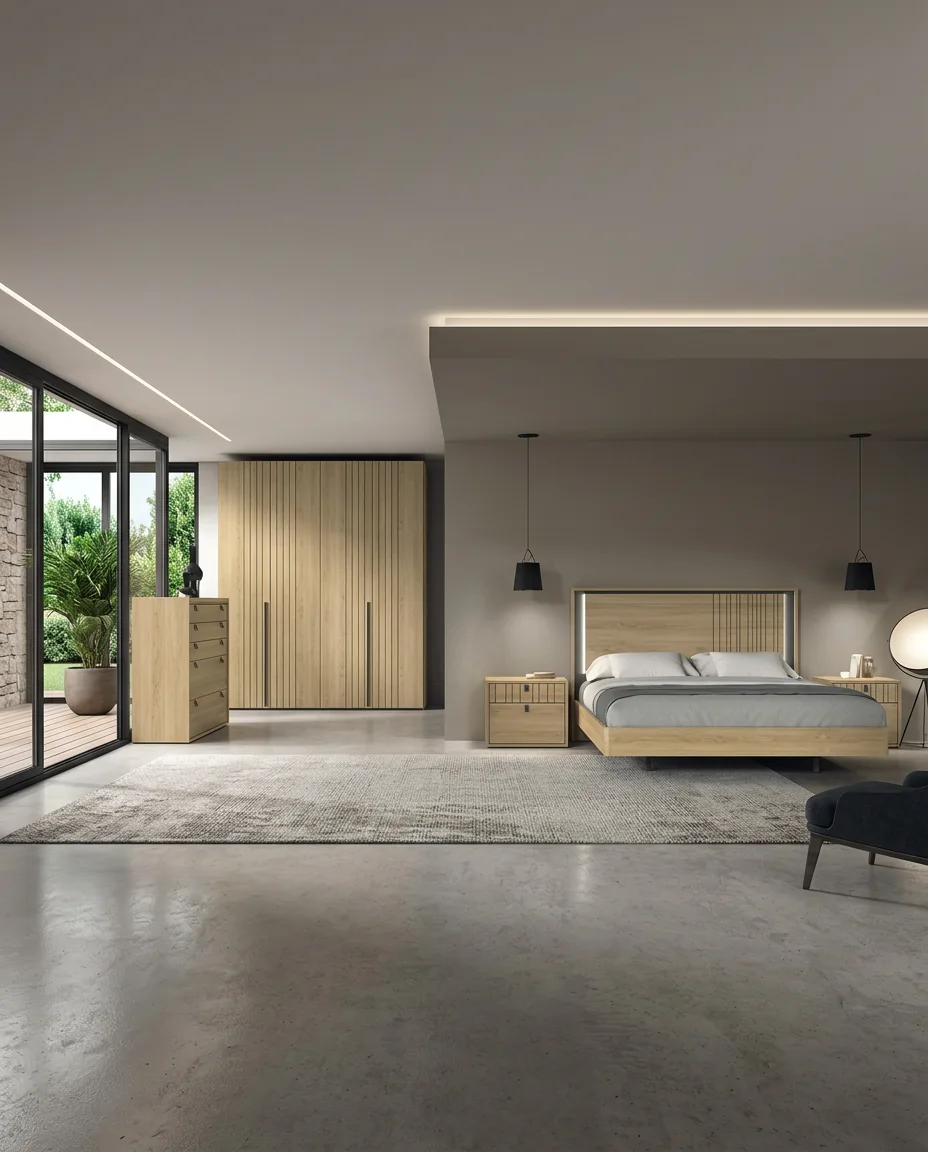 Dormitorio completo de madera clara